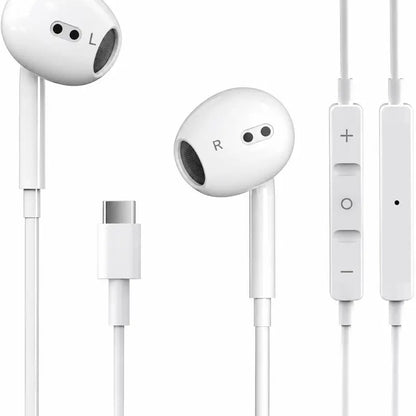 USB-C Wired Semi-In-Ear Earbud Headset with Hi-Fi Sound, Built-In Microphone, Remote Control, Volume Adjustment, Lightweight and Portable Design, Sweat Resistant, Compatible with Samsung Plus and iPhone 15/16 Pro Devices