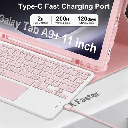 Wireless Keyboard Case for Samsung Galaxy Tab A11 Plus (2026) and A9 Plus (2023) - Rechargeable 7-Color Backlit Touchpad Keyboard with Protective Cover, Wireless Light-Up Mouse, Stylus Pen, and Pen Holder