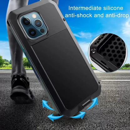 Military-Grade Metal Case for iPhone 14-18 Pro Max - IP54 Waterproof Heavy-Duty Armor with Built-In Gorilla Glass Screen Protector and Full Body Shockproof Design
