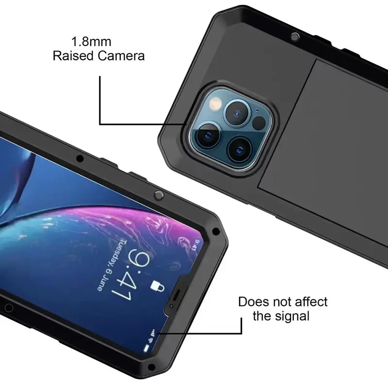 Military-Grade Metal Case for iPhone 14-18 Pro Max - IP54 Waterproof Heavy-Duty Armor with Built-In Gorilla Glass Screen Protector and Full Body Shockproof Design