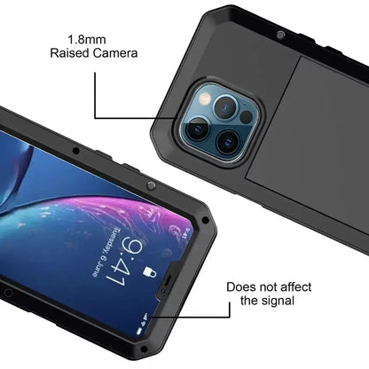 Military-Grade Metal Case for iPhone 14-18 Pro Max - IP54 Waterproof Heavy-Duty Armor with Built-In Gorilla Glass Screen Protector and Full Body Shockproof Design