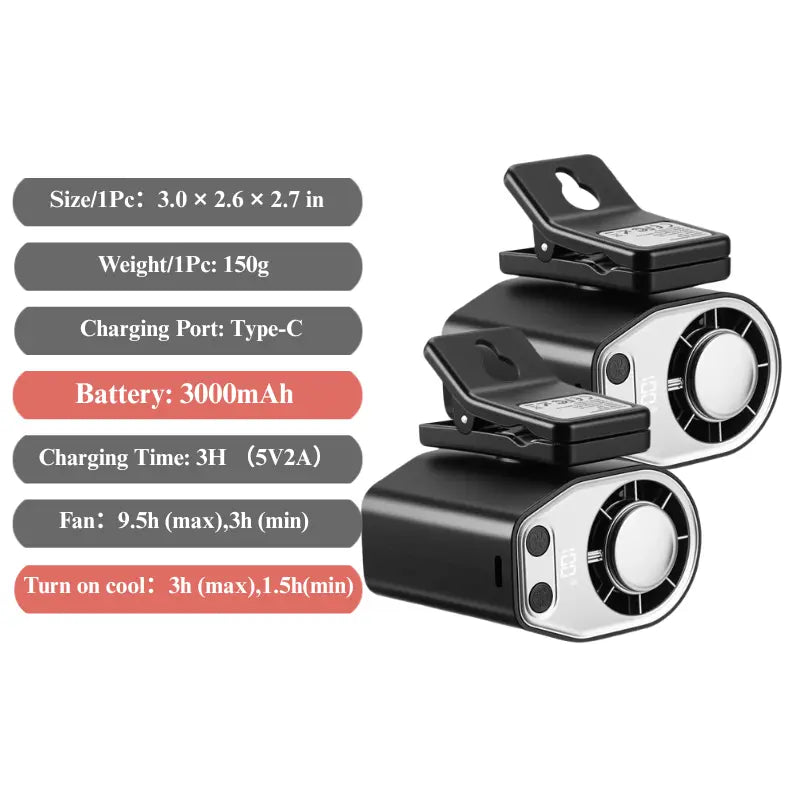Portable USB Rechargeable Semiconductor Cooling Clip-On Fan with 3000mAh Battery, 360° Rotation, 100 Speed Settings, LED Display - Universal Accessory for Vehicles and Electronics