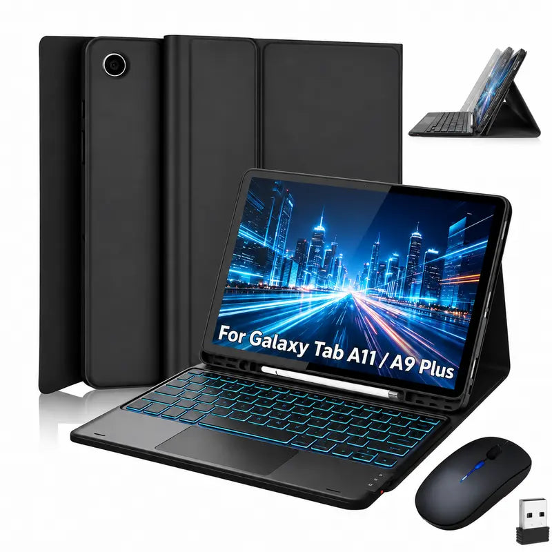 Wireless Keyboard Case for Samsung Galaxy Tab A11 Plus (2026) and A9 Plus (2023) - Rechargeable 7-Color Backlit Touchpad Keyboard with Protective Cover, Wireless Light-Up Mouse, Stylus Pen, and Pen Holder