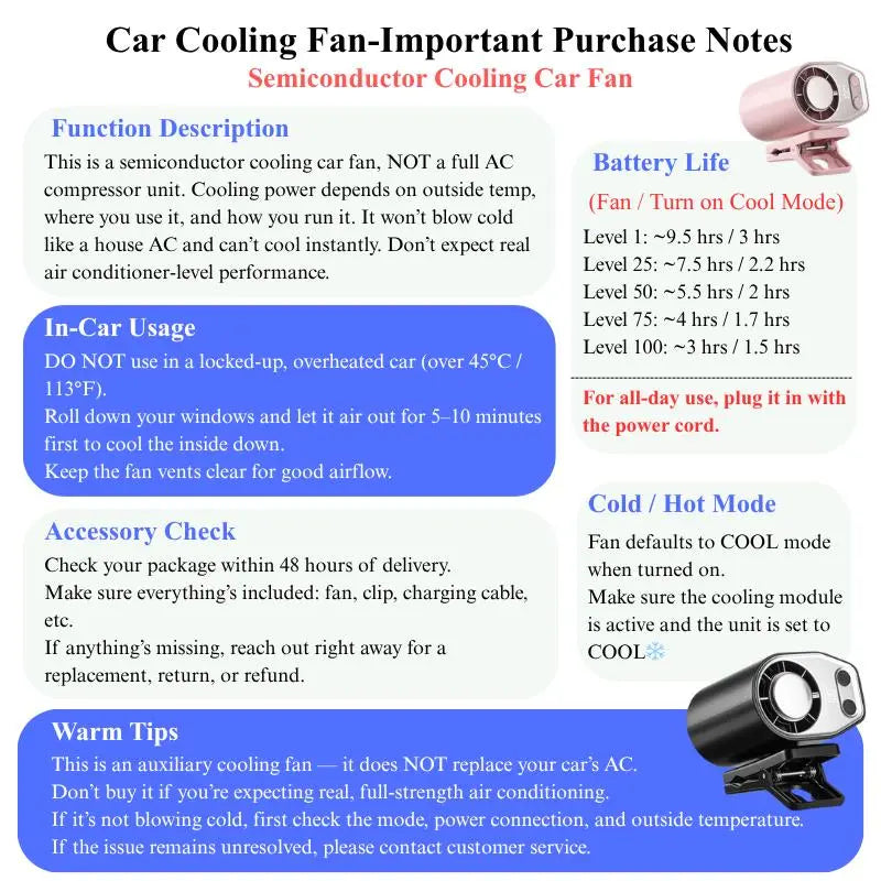 Portable USB Rechargeable Semiconductor Cooling Clip-On Fan with 3000mAh Battery, 360° Rotation, 100 Speed Settings, LED Display - Universal Accessory for Vehicles and Electronics