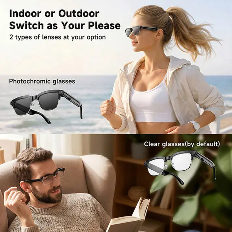TOOBUR Lightweight Casual Audio Smart Glasses with Open Ear Bluetooth, Rechargeable HD Headphones, 8MP Camera, Video Recording, Touch Control, Call Answering, Real-Time Translation, AI Assistant, and Photochromic Lenses - Ideal Gifts for Adults