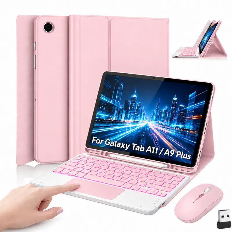 Wireless Keyboard Case for Samsung Galaxy Tab A11 Plus (2026) and A9 Plus (2023) - Rechargeable 7-Color Backlit Touchpad Keyboard with Protective Cover, Wireless Light-Up Mouse, Stylus Pen, and Pen Holder
