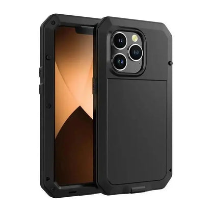 Military-Grade Metal Case for iPhone 14-18 Pro Max - IP54 Waterproof Heavy-Duty Armor with Built-In Gorilla Glass Screen Protector and Full Body Shockproof Design
