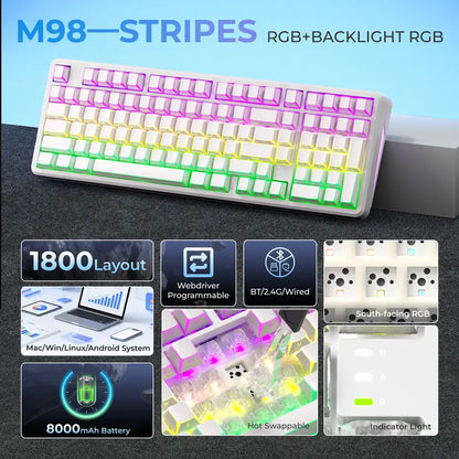 XVX M98 Lumina Full-Size Layout Gaming Keyboard with Number Pad, Tri-Mode Keys (Bt5.0-2.4Ghz-Usb-C), Pre-Lubed Hot Swappable Switches, Gasket Structure, 8000Mah Batteries, RGB Backlit, Creamy Design for Pcs/Macs, Office & Gaming Use