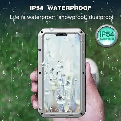 Military-Grade Metal Case for iPhone 14-18 Pro Max - IP54 Waterproof Heavy-Duty Armor with Built-In Gorilla Glass Screen Protector and Full Body Shockproof Design
