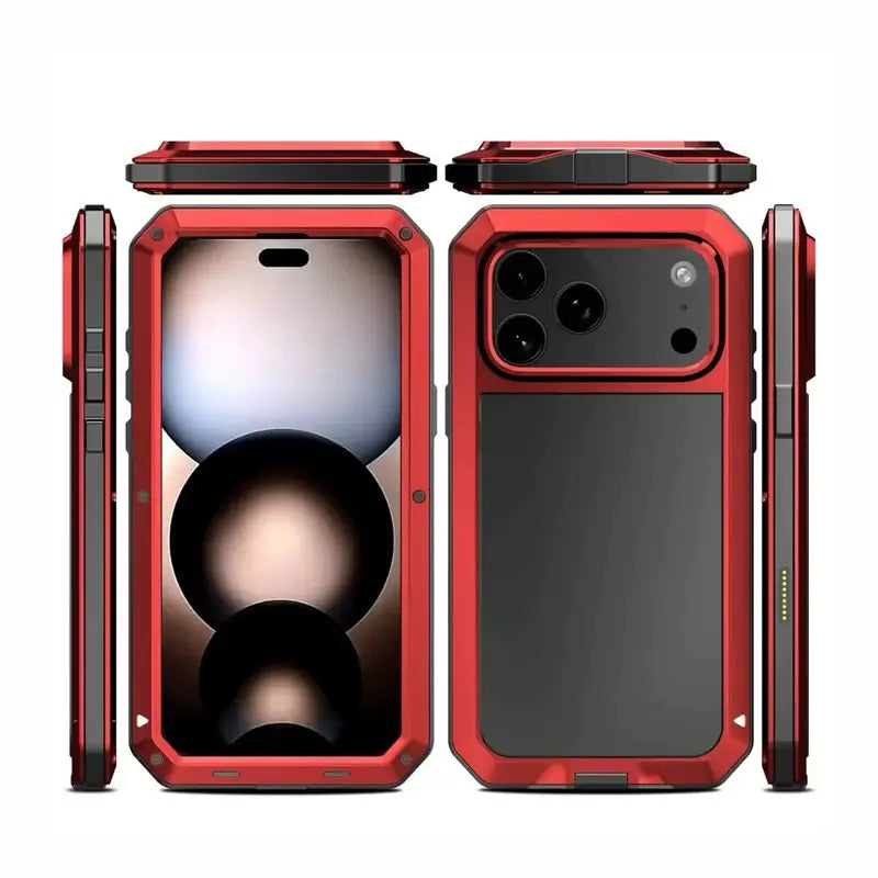Military-Grade Metal Case for iPhone 14-18 Pro Max - IP54 Waterproof Heavy-Duty Armor with Built-In Gorilla Glass Screen Protector and Full Body Shockproof Design