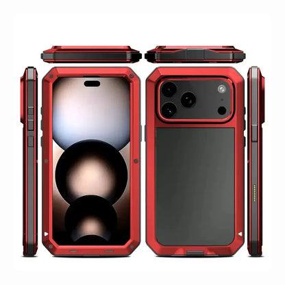 Military-Grade Metal Case for iPhone 14-18 Pro Max - IP54 Waterproof Heavy-Duty Armor with Built-In Gorilla Glass Screen Protector and Full Body Shockproof Design