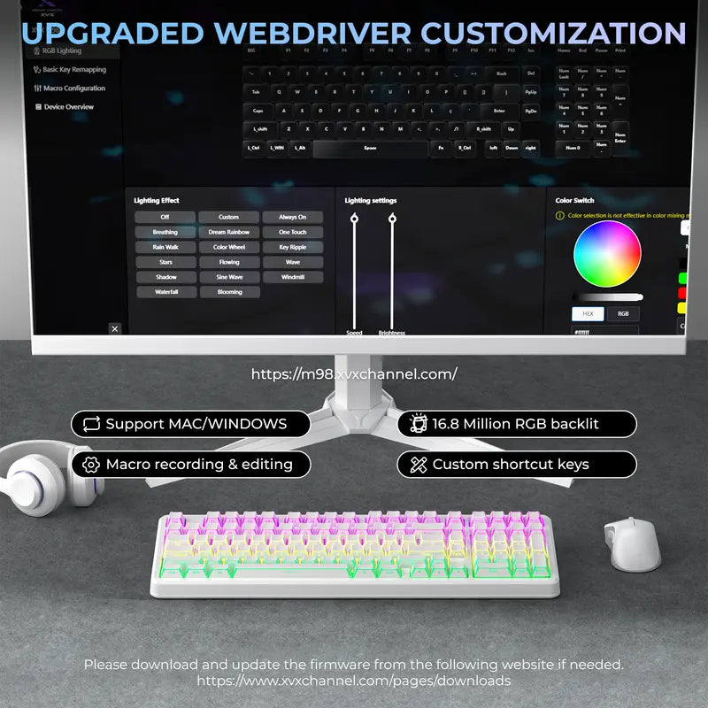 XVX M98 Lumina Full-Size Layout Gaming Keyboard with Number Pad, Tri-Mode Keys (Bt5.0-2.4Ghz-Usb-C), Pre-Lubed Hot Swappable Switches, Gasket Structure, 8000Mah Batteries, RGB Backlit, Creamy Design for Pcs/Macs, Office & Gaming Use