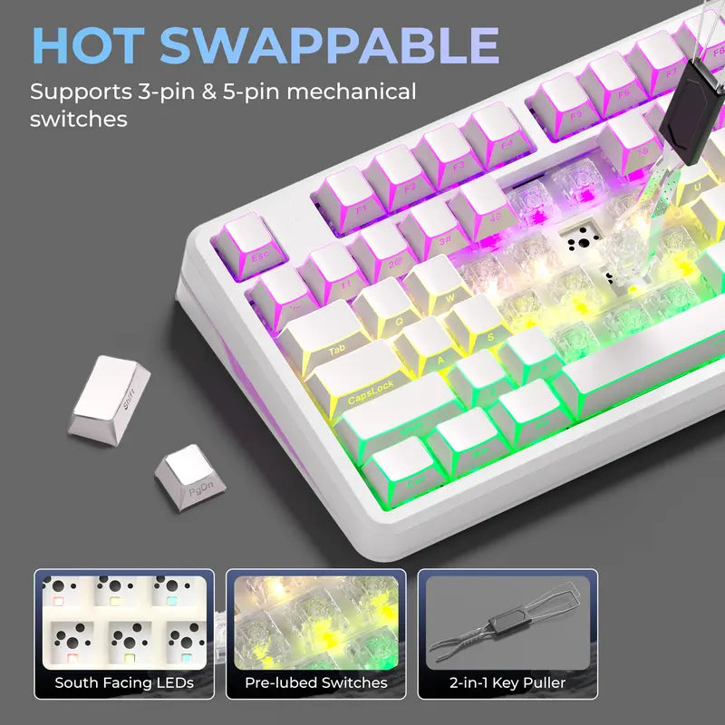 XVX M98 Lumina Full-Size Layout Gaming Keyboard with Number Pad, Tri-Mode Keys (Bt5.0-2.4Ghz-Usb-C), Pre-Lubed Hot Swappable Switches, Gasket Structure, 8000Mah Batteries, RGB Backlit, Creamy Design for Pcs/Macs, Office & Gaming Use