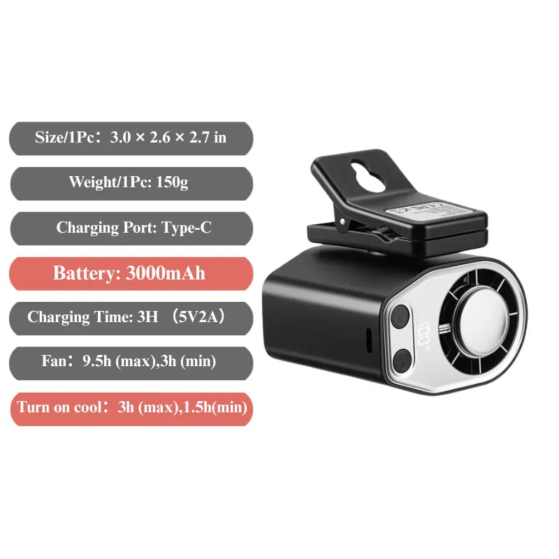 Portable USB Rechargeable Semiconductor Cooling Clip-On Fan with 3000mAh Battery, 360° Rotation, 100 Speed Settings, LED Display - Universal Accessory for Vehicles and Electronics