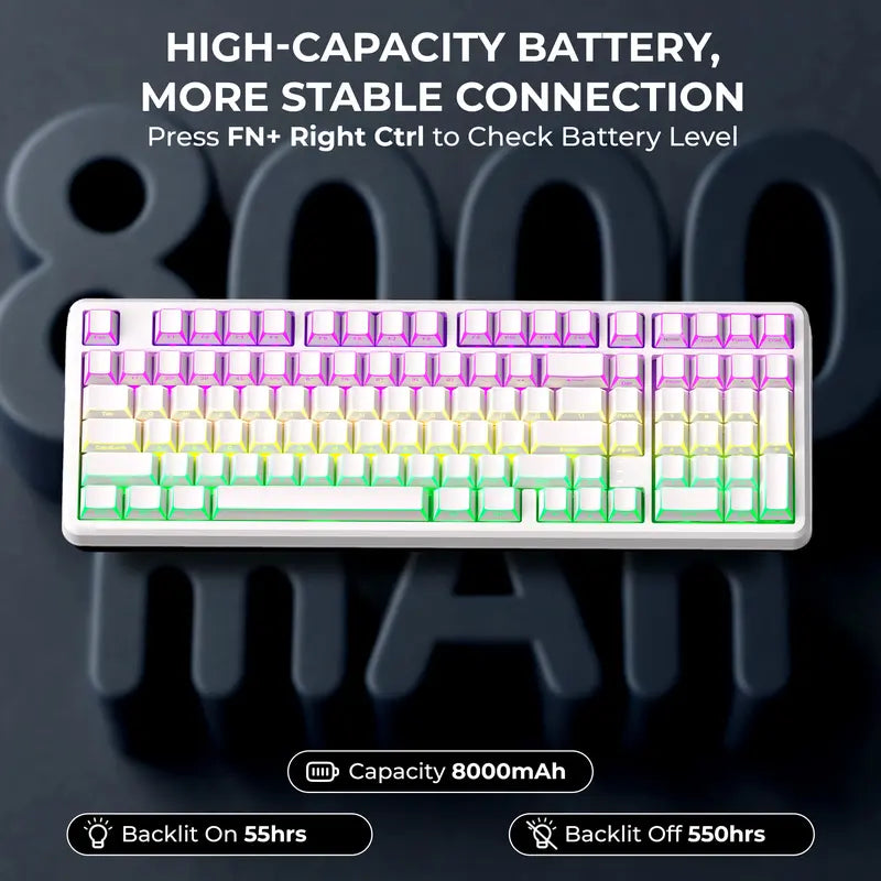 XVX M98 Lumina Full-Size Layout Gaming Keyboard with Number Pad, Tri-Mode Keys (Bt5.0-2.4Ghz-Usb-C), Pre-Lubed Hot Swappable Switches, Gasket Structure, 8000Mah Batteries, RGB Backlit, Creamy Design for Pcs/Macs, Office & Gaming Use