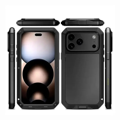Military-Grade Metal Case for iPhone 14-18 Pro Max - IP54 Waterproof Heavy-Duty Armor with Built-In Gorilla Glass Screen Protector and Full Body Shockproof Design