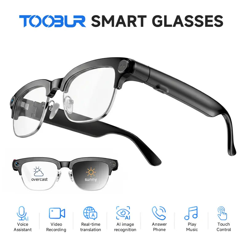 TOOBUR Lightweight Casual Audio Smart Glasses with Open Ear Bluetooth, Rechargeable HD Headphones, 8MP Camera, Video Recording, Touch Control, Call Answering, Real-Time Translation, AI Assistant, and Photochromic Lenses - Ideal Gifts for Adults