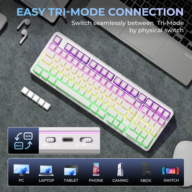 XVX M98 Lumina Full-Size Layout Gaming Keyboard with Number Pad, Tri-Mode Keys (Bt5.0-2.4Ghz-Usb-C), Pre-Lubed Hot Swappable Switches, Gasket Structure, 8000Mah Batteries, RGB Backlit, Creamy Design for Pcs/Macs, Office & Gaming Use