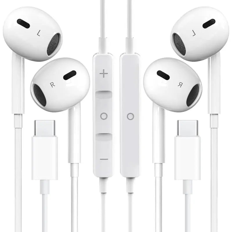USB-C Wired Semi-In-Ear Earbud Headset with Hi-Fi Sound, Built-In Microphone, Remote Control, Volume Adjustment, Lightweight and Portable Design, Sweat Resistant, Compatible with Samsung Plus and iPhone 15/16 Pro Devices