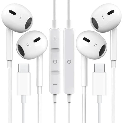 USB-C Wired Semi-In-Ear Earbud Headset with Hi-Fi Sound, Built-In Microphone, Remote Control, Volume Adjustment, Lightweight and Portable Design, Sweat Resistant, Compatible with Samsung Plus and iPhone 15/16 Pro Devices