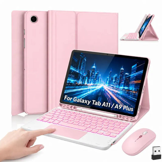 Wireless Keyboard Case for Samsung Galaxy Tab A11 Plus (2026) and A9 Plus (2023) - Rechargeable 7-Color Backlit Touchpad Keyboard with Protective Cover, Wireless Light-Up Mouse, Stylus Pen, and Pen Holder