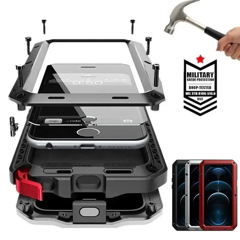 Military-Grade Metal Case for iPhone 14-18 Pro Max - IP54 Waterproof Heavy-Duty Armor with Built-In Gorilla Glass Screen Protector and Full Body Shockproof Design
