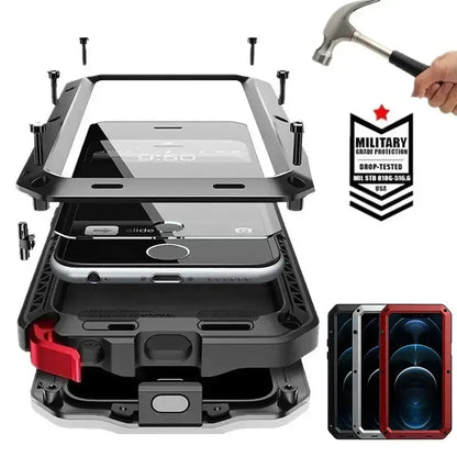 Military-Grade Metal Case for iPhone 14-18 Pro Max - IP54 Waterproof Heavy-Duty Armor with Built-In Gorilla Glass Screen Protector and Full Body Shockproof Design